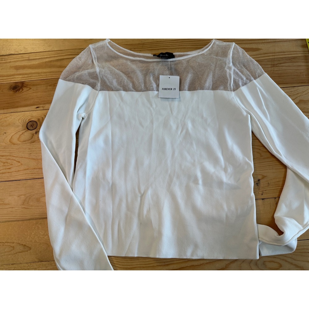 White Sheer Mesh Yoke Long Sleeve Sweater Top 1X NEW